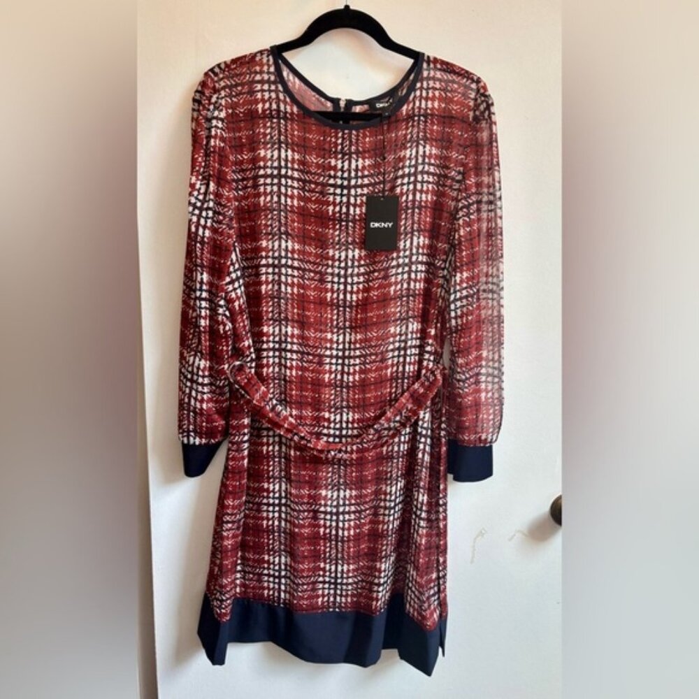 DKNY Dress NWT in Red, White and Navy with Tie Front and Long Sleeves